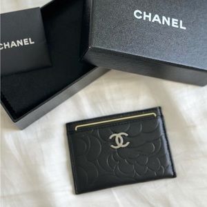 SOLD Chanel black camellia card holder